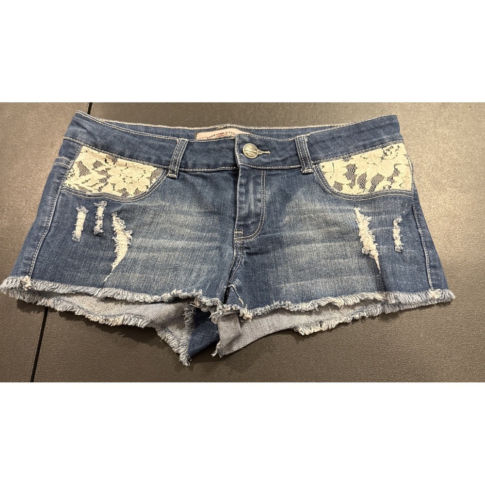 Iris Jeans‎ Womens Medium Micro Mini Shorts Denim Distressed Floral Lace Pockets